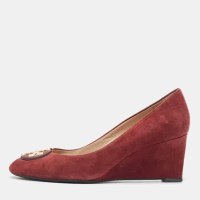 Pre-owned Tory Burch Burgundy Suede Luna Wedge Pumps Size 37