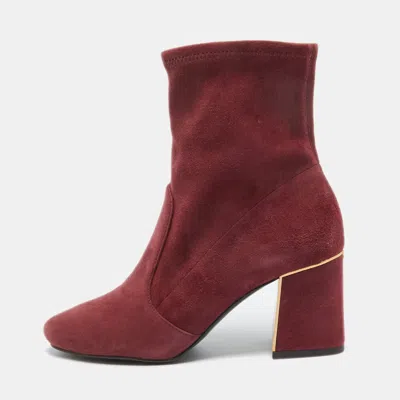 Pre-owned Tory Burch Burgundy Suede Zip Ankle Boots Size 36.5