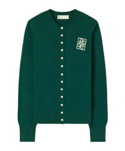 Tory Burch Button Emblem Cardigan In Green