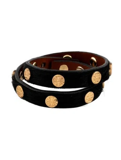 Pre-owned Tory Burch Calf-hair & Leather Studded Double Wrap Bracelet In Black