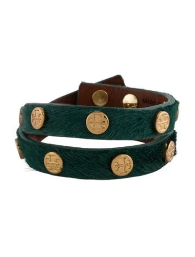 Pre-owned Tory Burch Calf-hair & Leather Studded Double Wrap Bracelet In Green