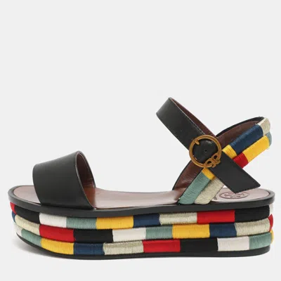 Pre-owned Tory Burch Camilla Embroidered Size 36 Black Leather Wedge Platform Sandals