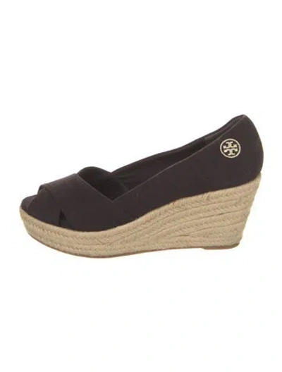 Pre-owned Tory Burch Canvas Embroidered Accent Espadrilles In Black