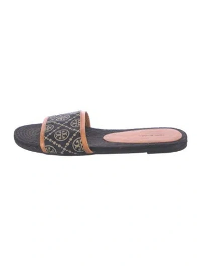 Pre-owned Tory Burch Canvas Graphic Print Slides In Blue