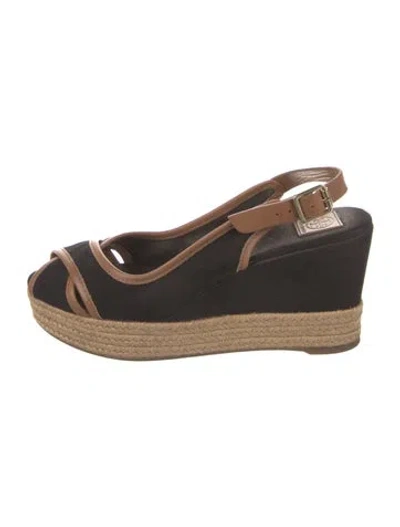 Pre-owned Tory Burch Canvas Leather Trim Embellishment Espadrilles In Black