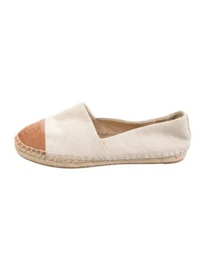 Pre-owned Tory Burch Canvas Leather Trim Embellishment Espadrilles In Neutrals