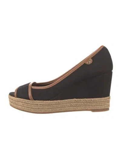 Pre-owned Tory Burch Canvas Leather Trim Embellishment Pumps In Black
