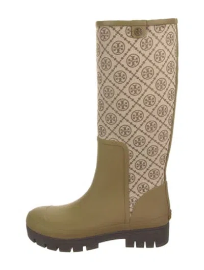 Pre-owned Tory Burch Canvas Patterned Rain Boots In Neutral