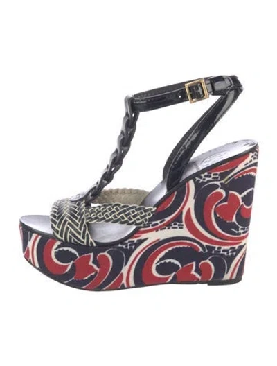Pre-owned Tory Burch Canvas Printed T-strap Sandals In Multi