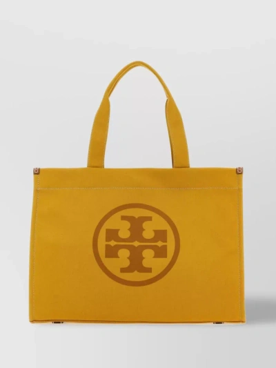 TORY BURCH CANVAS SHOPPER WITH LEATHER BASE AND HANDLES