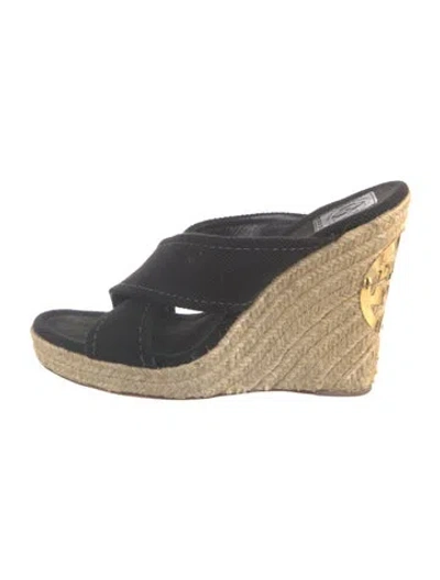 Pre-owned Tory Burch Canvas Studded Accents Slides In Black/metallic