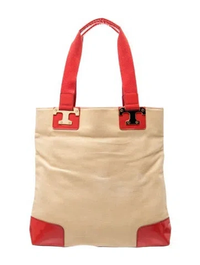 Pre-owned Tory Burch Canvas Tote In Neutrals/red