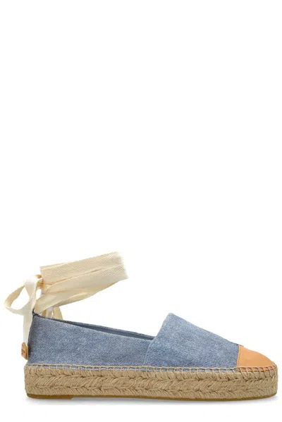 Tory Burch Lace-up Embellished Leather-trimmed Printed Suede Platform Espadrilles In Blue