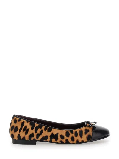 TORY BURCH BROWN BALLET SHOES WITH CAP TOE AND LEOPARD PRINT IN LEATHER WOMAN