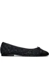 Tory Burch Round Toe Ballerina Shoes With Bow Detail In Black