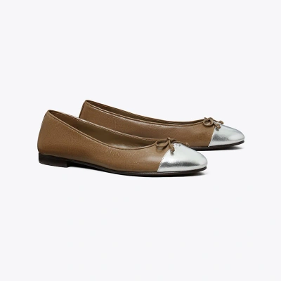 Tory Burch Cap-toe Ballet In Wild Mushroom/silver