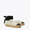 Tory Burch White Espadrilles With Metallic Logo On The Front And Ankle Strap In Leather Woman In Light Cream/perfect Black
