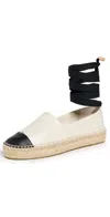 Tory Burch White Espadrilles With Metallic Logo On The Front And Ankle Strap In Leather Woman In Light Cream/perfect Black