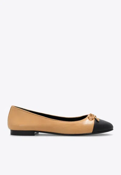 Tory Burch Cap-toe Leather Ballet Flats In Beige