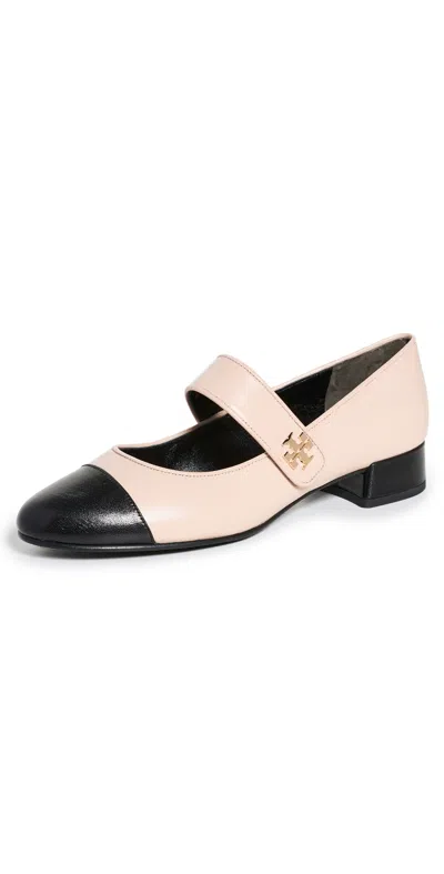 TORY BURCH CAP TOE MARY JANE BALLET HEELS 25MM ROSE SILK/PERFECT BLACK