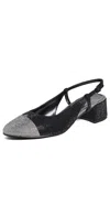 TORY BURCH CAP TOE PAVE SLINGBACK HEELS 45MM PERFECT BLACK / SILVER