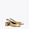 Tory Burch Bicolor Cap-toe Slingback Pumps In Ginger Shortbread/spark Gold
