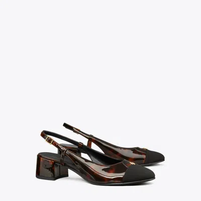 Tory Burch Cap-toe Slingback Pump In Tortoise Patent/perfect Black