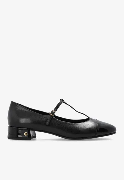 Tory Burch Cap-toe T-strap Leather Ballet Flats In Black