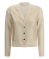 Tory Burch Silk And Wool Cardigan With Logos In Beige