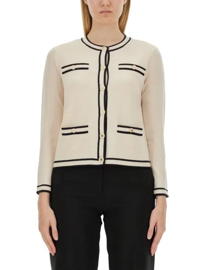 Tory Burch Contrast-trim Round Neck Cardigan In Beige