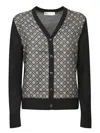 Tory Burch V-neck Cardigan Sweater With Patterned Fabric In Black