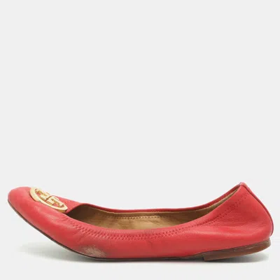 Pre-owned Tory Burch Caroline Size 38.5 Red Leather Ballet Flats