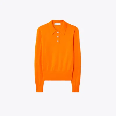 Tory Burch Cashmere Long-sleeve Polo In Bright Mandarin