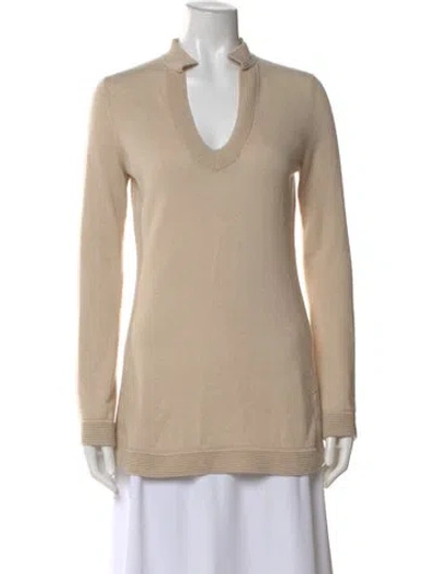 Pre-owned Tory Burch Cashmere Plunge Neckline Sweater In Neutral