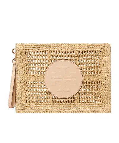 Tory Burch Raffia Crochet Mini Pouch Handbag With Removable Logo Handle In Nude