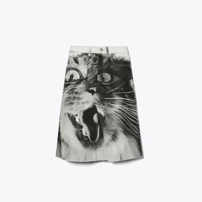 Tory Burch Cat Printed Denim Skirt In Gray Cat Portrait