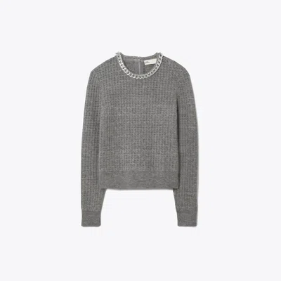 Tory Burch Chain Crewneck Pullover In Mineral Gray