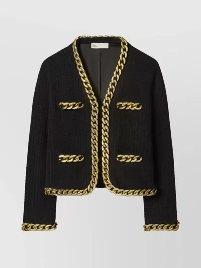 Tory Burch Chain-link Trim Wool Cardigan With Gold Accents In Blue