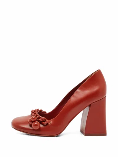 Pre-owned Tory Burch Chain-link Block-heel Pumps In Red