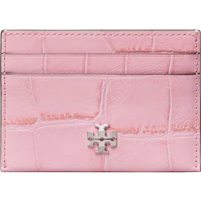 Tory Burch Charlie Croc Embossed Leather Card Case In Pink
