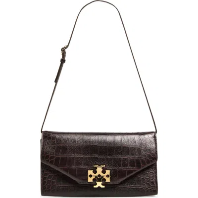 Tory Burch Charlie Croc Embossed Leather Envelope Clutch In Dark Brown