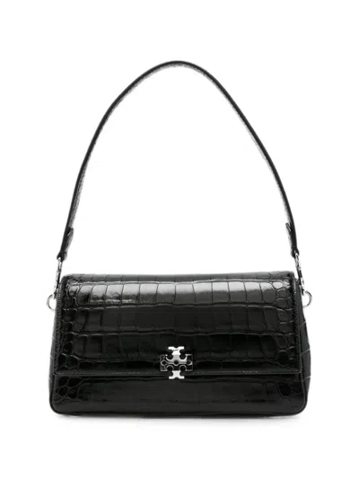 Tory Burch Charlie Croc-embossed Shoulder Bag In Black