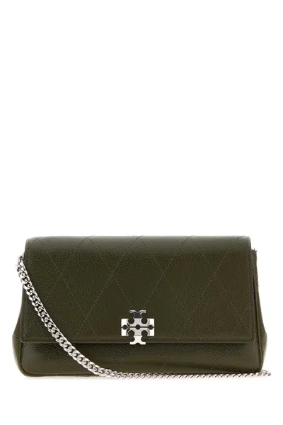 Tory Burch Charlie Crossbody Handbag In Leather With Silver-tone Hardware In Green