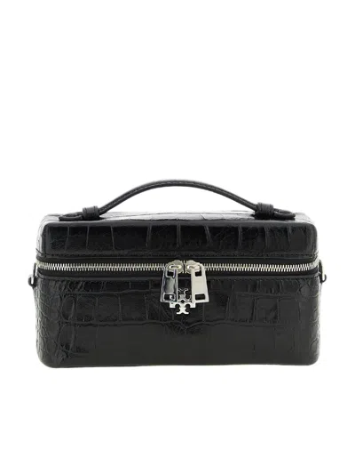 Tory Burch Charlie Embossed Croc East-west Vanity Case In Black