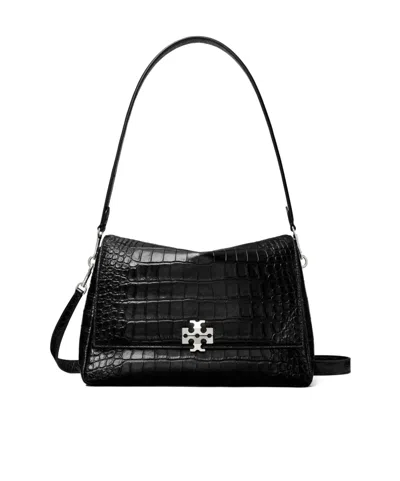 Tory Burch Charlie Embossed Croc Shoulder Bag In Black