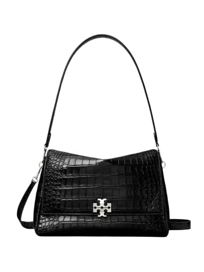 Tory Burch Charlie Embossed Croc Shoulder Bag In Black