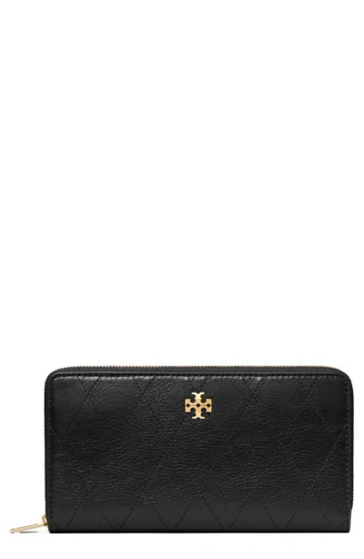 Tory Burch Charlie Leather Continental Zip Wallet In Black