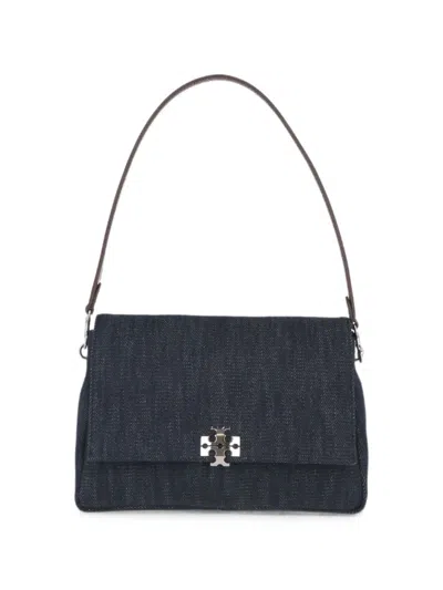 Tory Burch Charlie Logo-plaque Denim Shoulder Bag In Blue