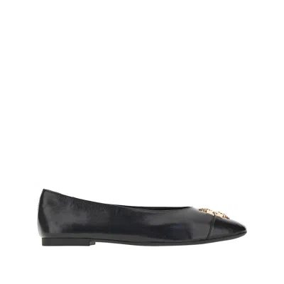 Tory Burch Leather Ballerina Flats Cap Toe Metallic In Black