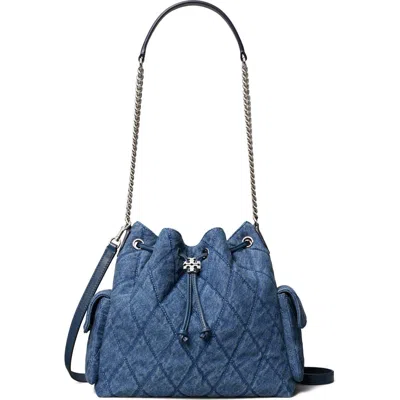 Tory Burch Charlie Quilted Denim Drawstring Shoulder Bag In Blue
